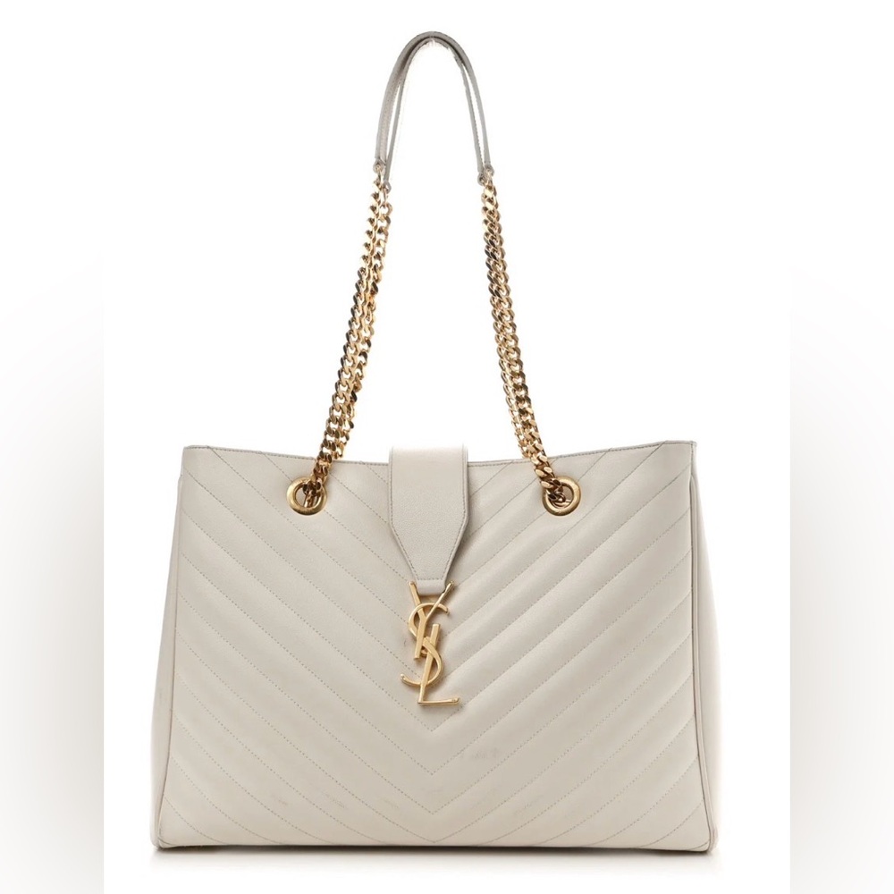 SAINT LAURENT Grain de Poudre Matelasse Chevron Large Monogram tote white ivory